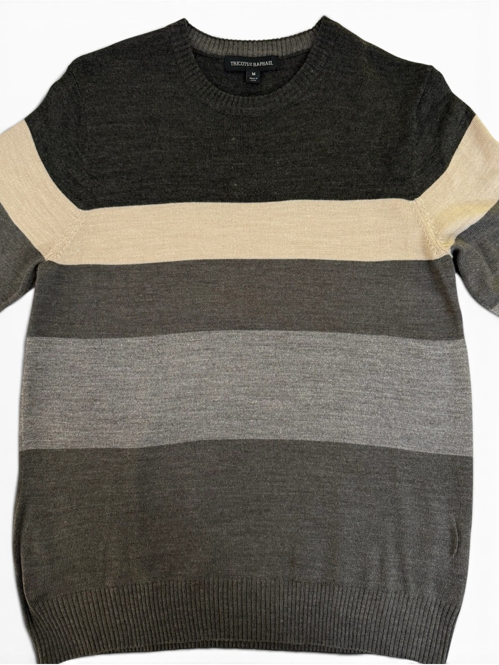 Tricots St. Raphael Gray, Brown & Cream Striped Crewneck Sweater